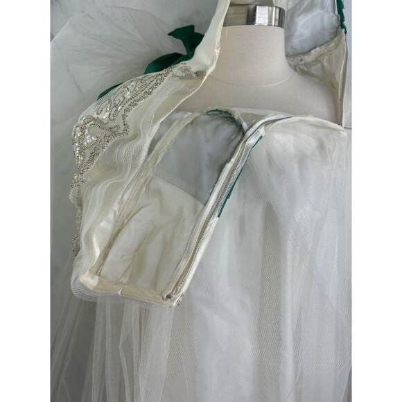 Vintage 1950s Cupcake Prom Dress SZ XS Gown Tulle Strapless white green sequence - Picture 5 of 16